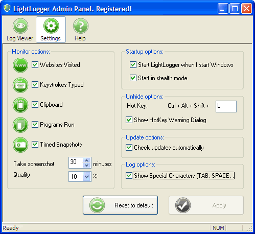 LightLogger Keylogger Innstillinger Page