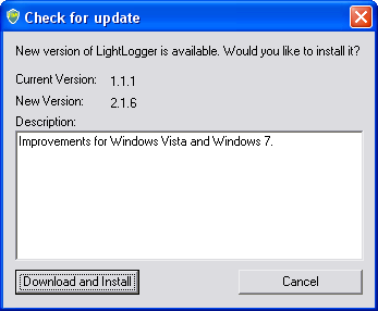 LightLogger Keylogger Sok etter oppdateringer Dialog